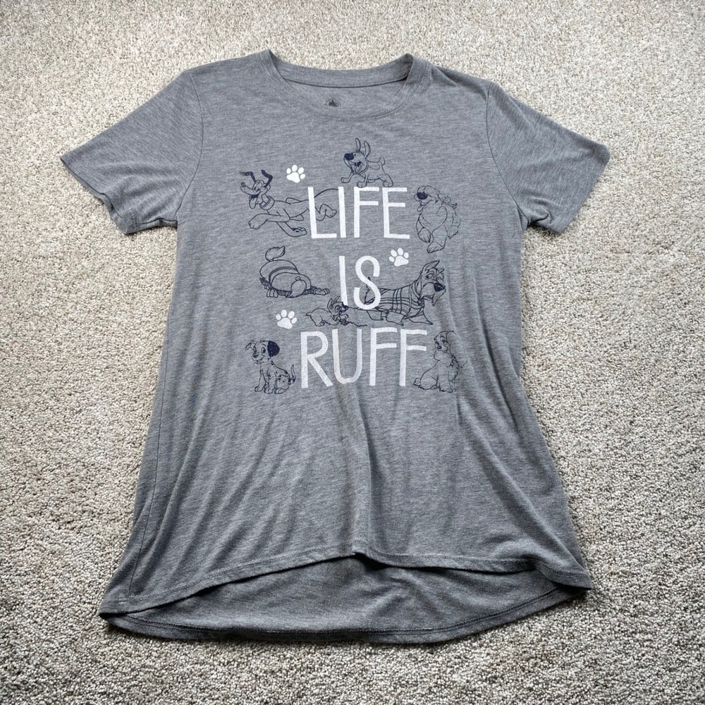 Disney Parks Life is Ruff Gray Graphic Tee Dog Characters High Low Hem S FLAW